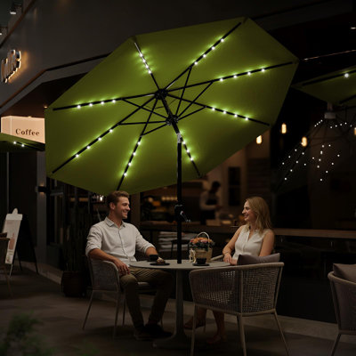 Parasol de marché 9 pi avec 32 lumières DEL à énergie solaire - 8 baleines, inclinable et manivelle, résistantes aux rayons UV, imperméables - pour l'extérieur jardin, piscine, terrasse, cour, utilisation de table