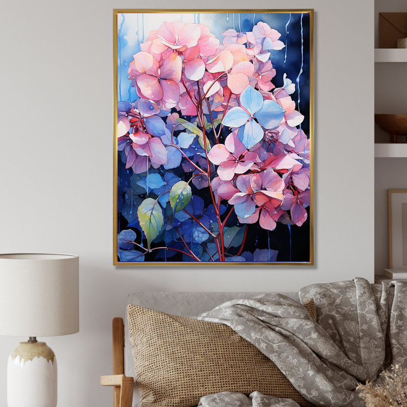 Hortensias bleus et mauves I, H 32 po x l 24 po x P 1 po, Cadre flottant doré