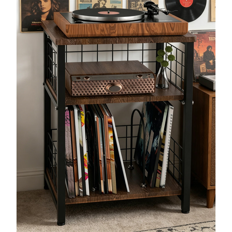 3 Tier End Table with Wire Mesh Record Storage, Turntable Stand Holds 100 Albums, Black