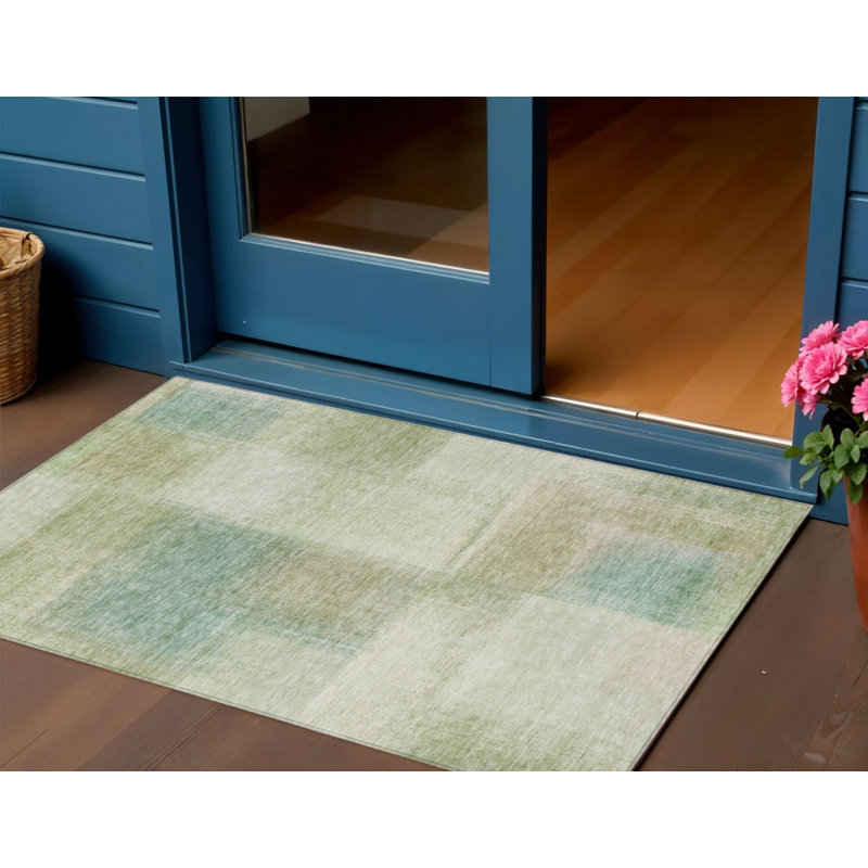 3' X 5' Artichoke Green And Beige Abstract Washable Indoor Outdoor Area Rug