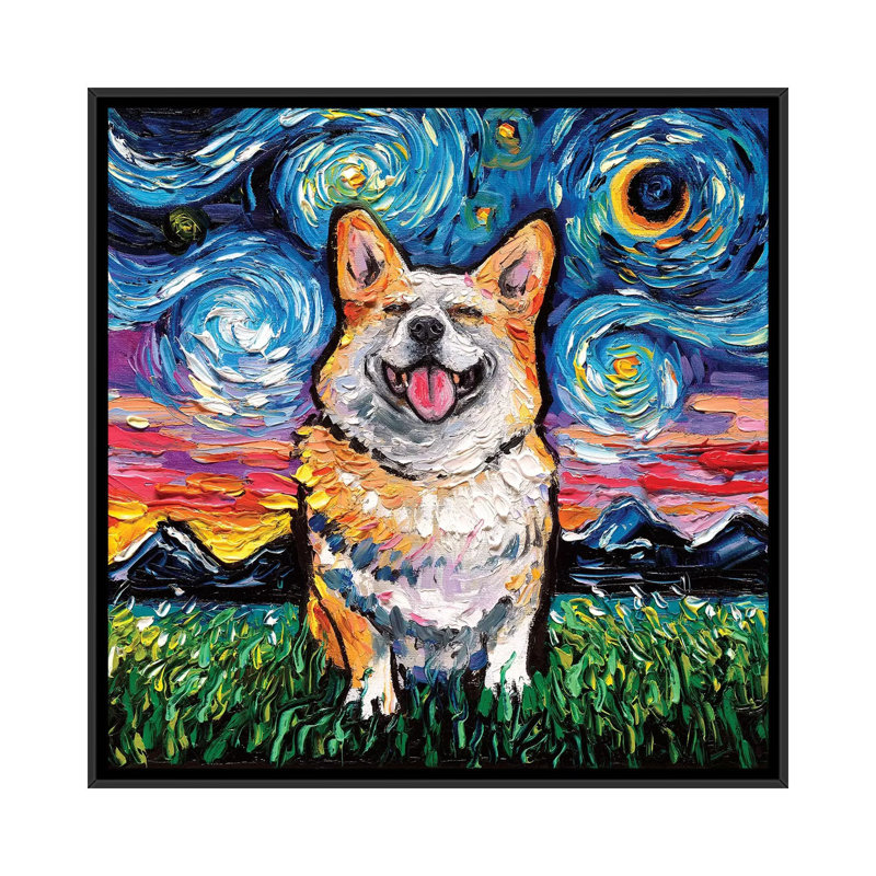 «Sourire Corgi Night» par Aja Trêves - reproduction d'art, H 12 po x l 12 po x P 1,5 po, Toile avec cadre noir
