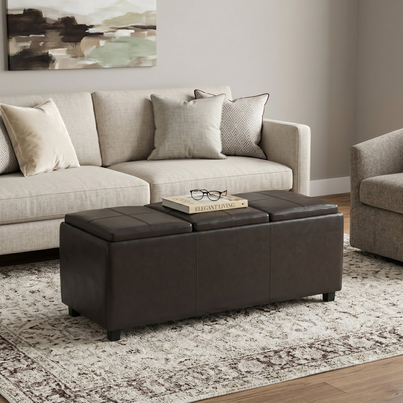 Avalon 42"W Upholstered Storage Ottoman with 3 Flip-Over Serving Trays, Tanners Brown Faux Leather