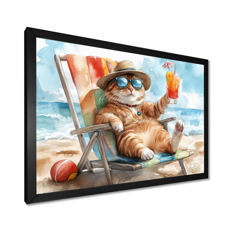 Chat sur la plage, salon II - art mural animal côtier, salon, Toile encadrée noire simple, H 30 po x l 40 po x P 1,5 po