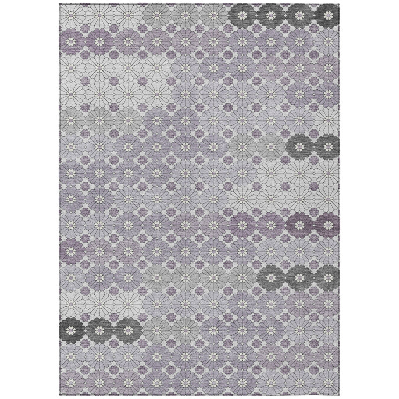 Tapis d'intérieur lavable à motif floral lavande gris et ivoire 5 pi x 8 pi