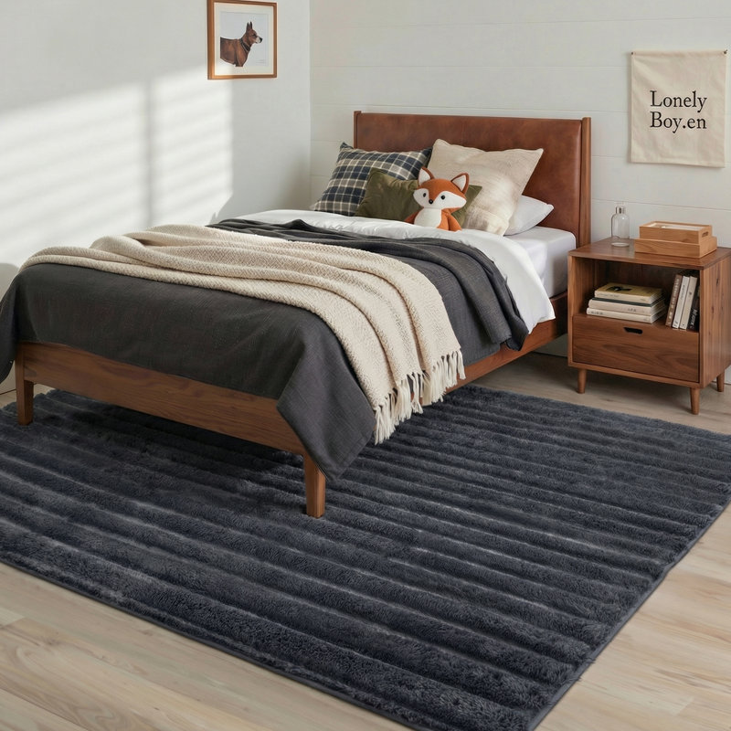 Tapis à poil long gris à motif géométrique lavable à la machine, Rectangle 5 pi x 7 pi