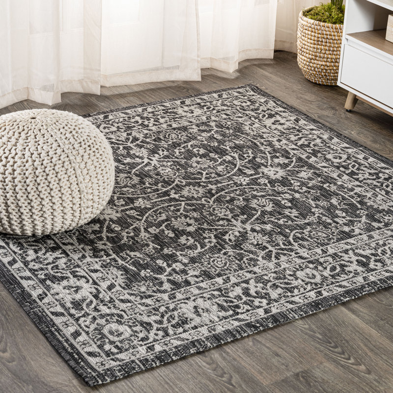 Markwart Vine and Border Textured Weave Black/Gray Indoor/Outdoor Rug, Square 5'3"