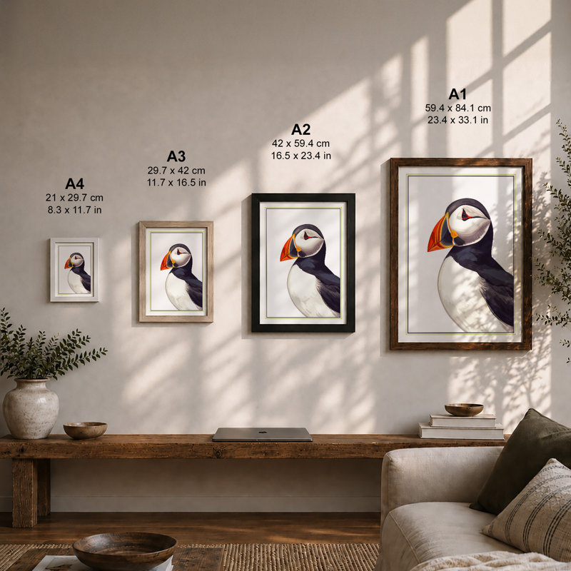 Puffin Profile Coastal - Framed Print, A1 - 84.1 x 59.4 cm, Walnut