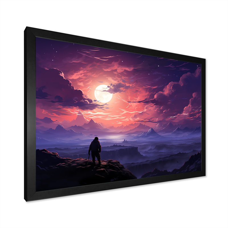 Mauve et rose désert Wanderer au coucher du soleil - désert, art mural, Cadre d'angle fermé noir, H 16 po x l 32 po x P 1 po