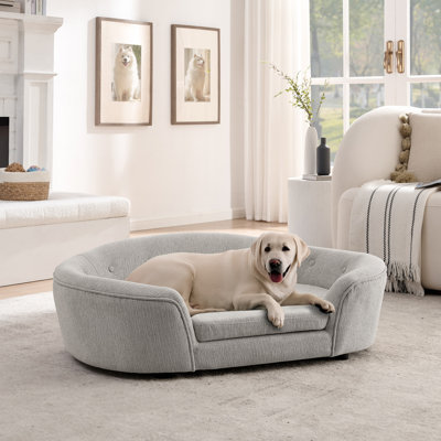 Canapé pour chien surdimensionné ovale semi-fermé surdimensionné surdimensionné - Matériau en lin durable, dossier capitonné, support haut-bas à centre haut et confort moelleux - beige