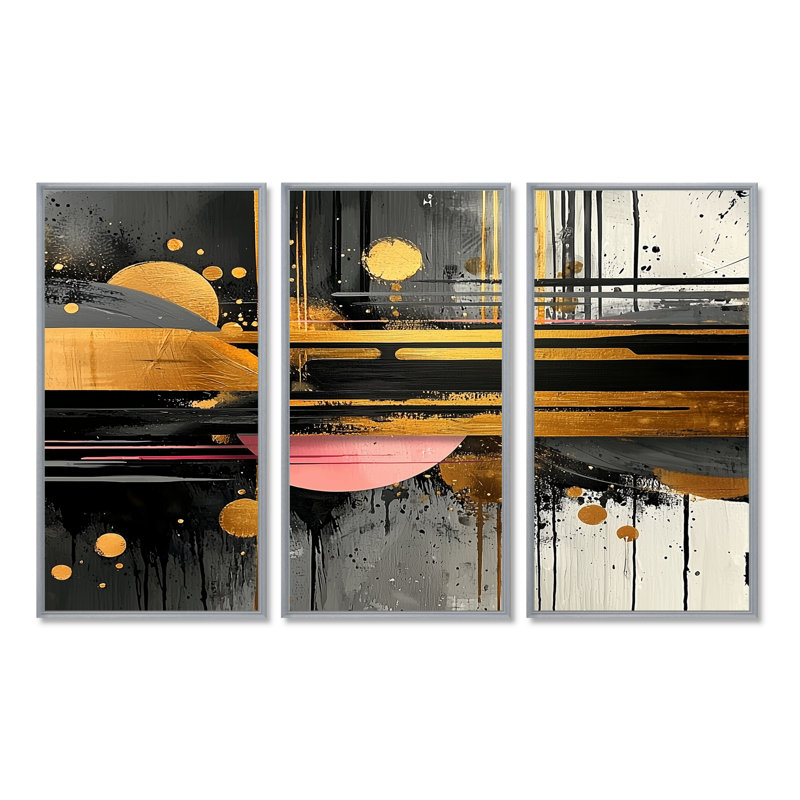 «Dark Transition Golden Shifting Horizons III», art mural formes transitionnelles - ensemble de 3, H 40 po x l 60 po