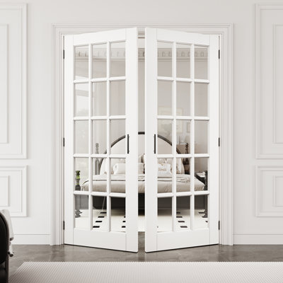 64" x 80" 15-Lite Clear Glass Interior French Door with Black Hardware & Ball Catch & Handle, Tempered Glass Door Slab with Safety, Paintable & Waterproof, Suit for Laundry, Closet Doors, Room Doors, Assembly Required