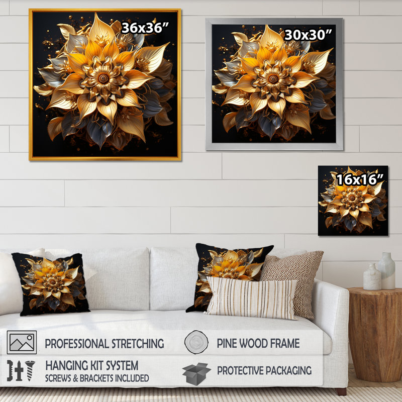 Mandala doré cercles dorés III - Boho Mandala, Cadre flottant noir, H 30 po x l 30 po x P 1,5 po