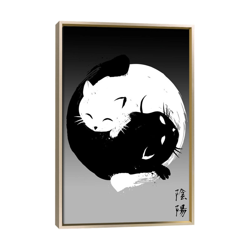 Yin Yang Cats, No Mat, 48" H x 32" W x 1.5" D, Champagne Floater Framed Canvas