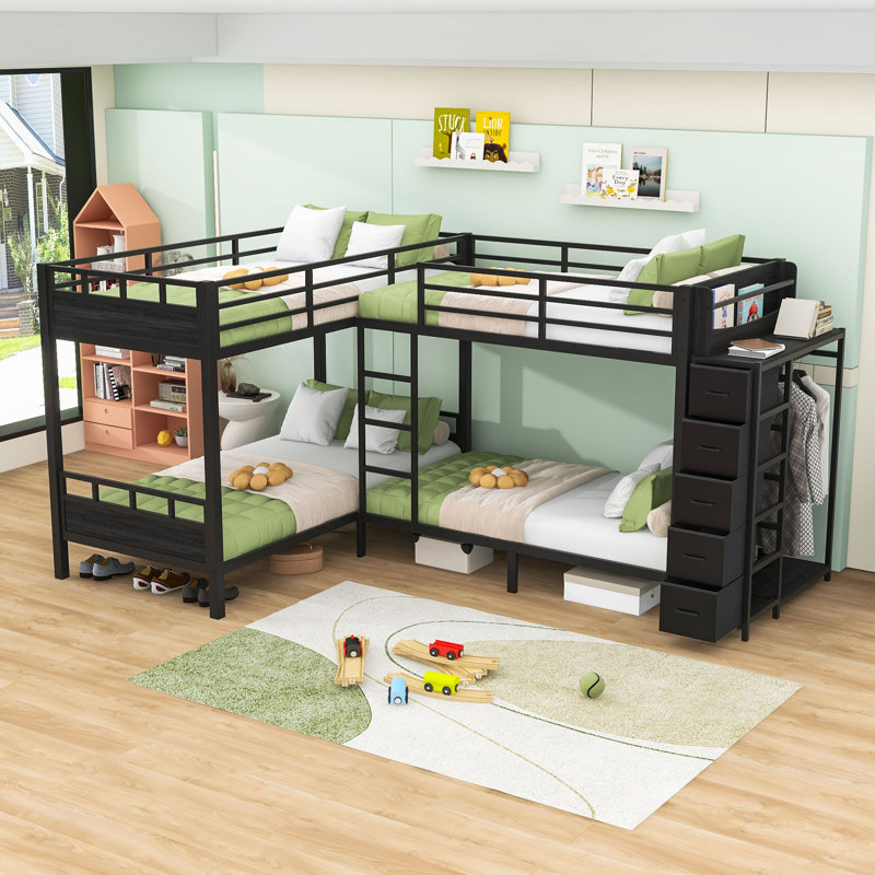 Lit superposé simple au-dessus de simple à 5 tiroirs avec garde-robe intégré et tablettes ouvertes, Noir