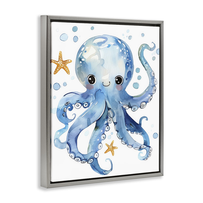  «Happy Smile Octopus», art mural encadré sur toile flottante par Franklyn Gregory, Cadre flottant gris lustré