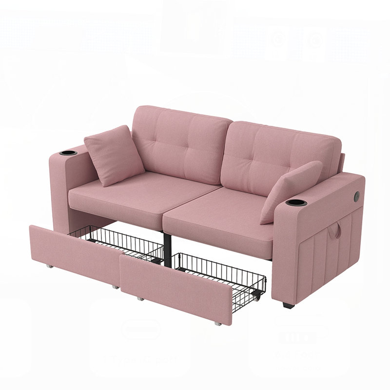 Canapé en chenille moderne avec charge USB, rangement et porte-gobelet pour les petits salons et appartements, Rose