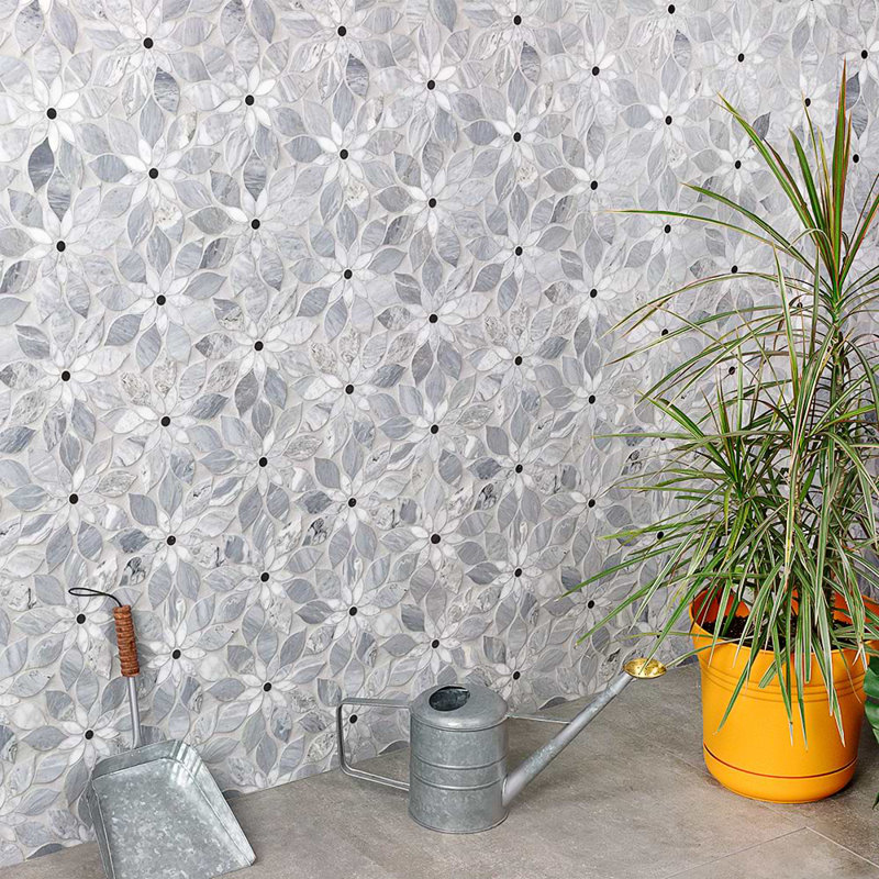Thistle 12.4" X 14.13" Marble Waterjet Mosaic Tile (1.21 Sq. Ft. / Sheet), Gray Note