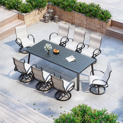 8 - Person Patio Dining Set with Aluminum Rectangular Table and Sunbrella Fabric Swivel Armchairs