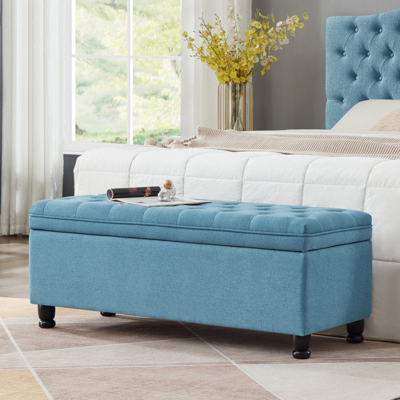 Banc de rangement rembourré capitonné, Bleu clair