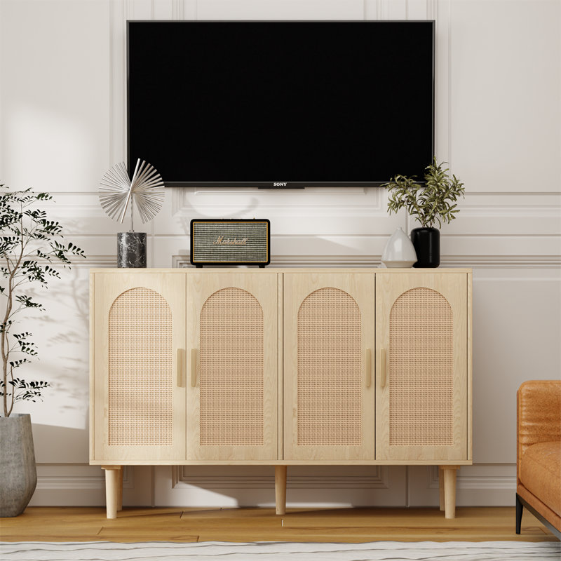 Ebern Designs Sideboard Buffet Cabinet, Kitchen Storage Cabinet With Rattan Doors, Cupboard Console Table With 4 Door, Accent Cabinet With Solid Wood Feet For Living Room