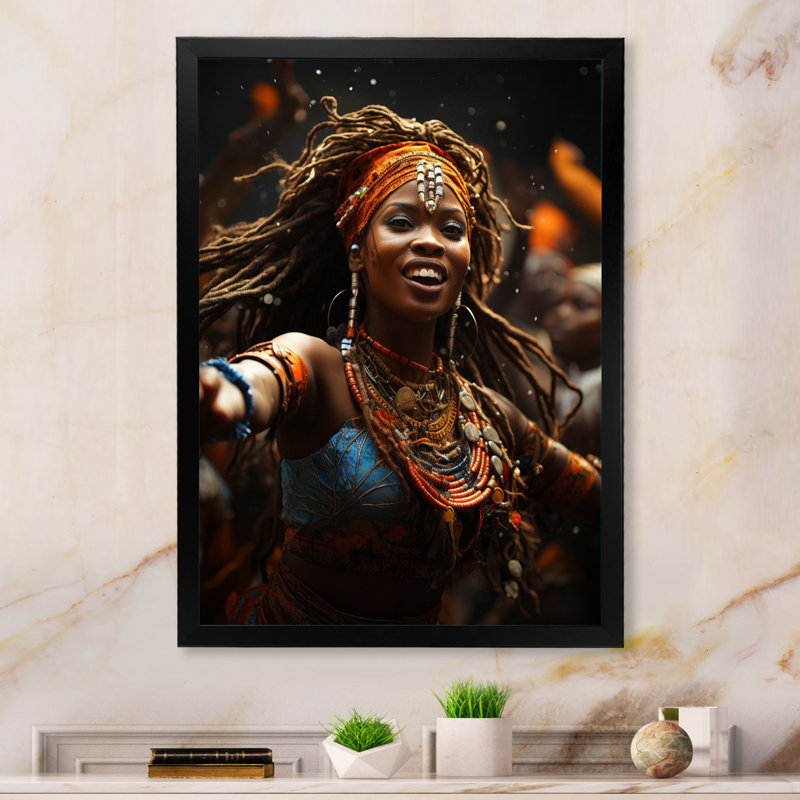 «Quandro Tribal Woman Dance», reproduction d'art sur toile, Cadre noir, H 20 po x l 12 po x P 1 po