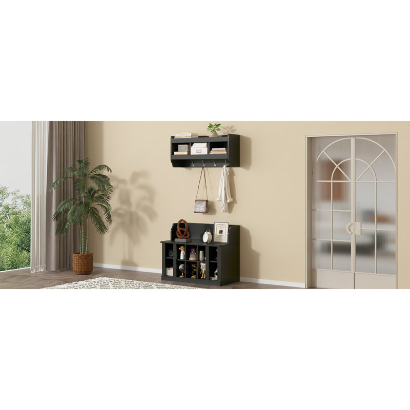 Shoe Storage Bench With Shelves And 4 Hooks, Elegant Hall Tree With Wall Mounted Coat Rack, Entryway Organizer, Black