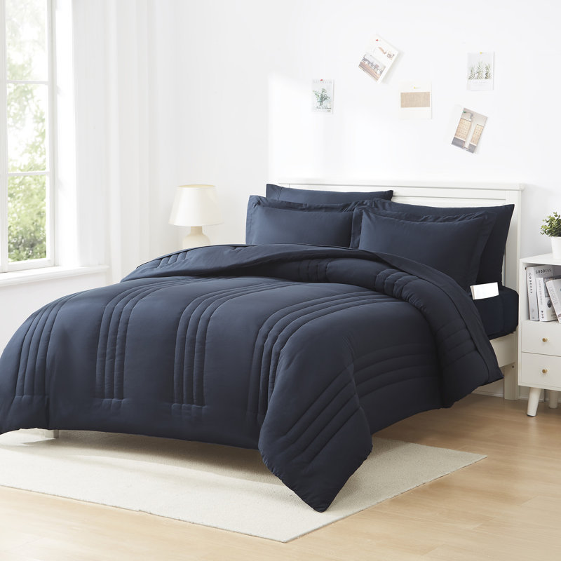 8 Piece Quilted Solid Stripe Comforter, Sheet Set And Mattress Protector Bedding Bundle, Queen, Navy Blue
