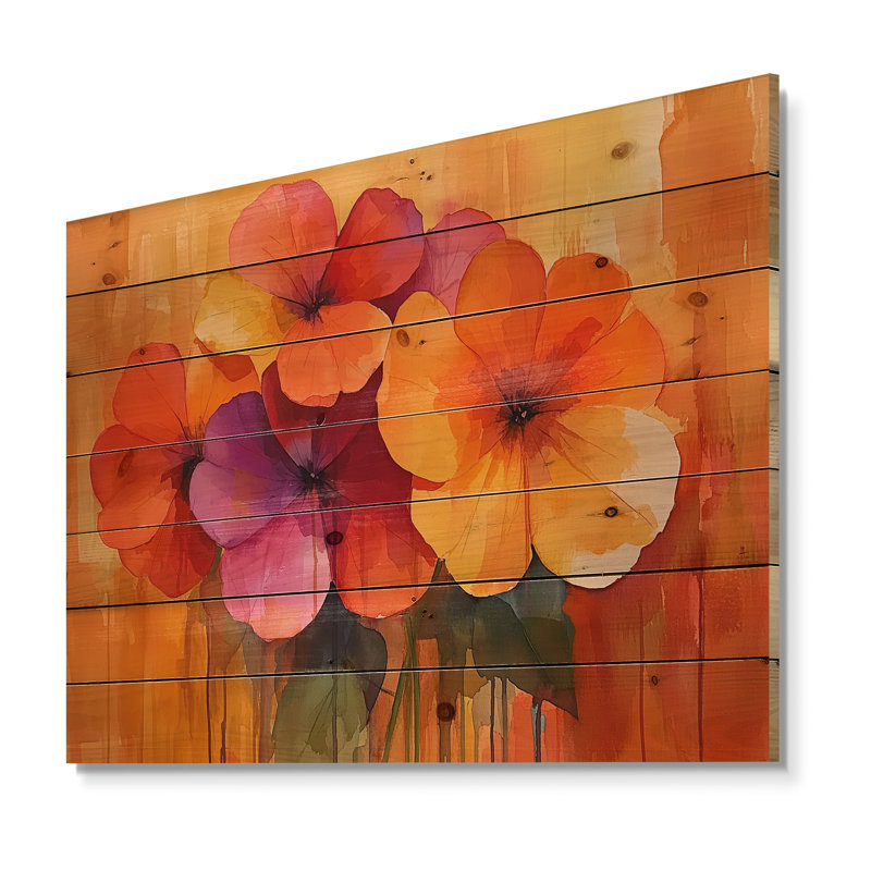 Brûler des géraniums dans des nuances ardentes Expression II - Décoration murale en bois de géraniums - sur bois de pin naturel