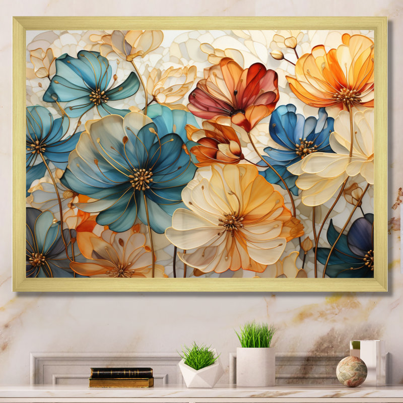 «Teal Orange Petal Mosaics II - Abstract Botanicals», art mural sur toile, H 34 po x l 44 po, Toile tendue, Sans cadre