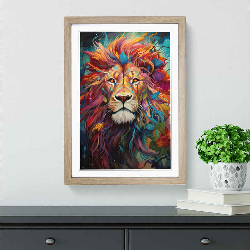 Lion Orphism - Single Picture Frame Print on Wood, 64cm H x 46cm W x 2cm D, Oak