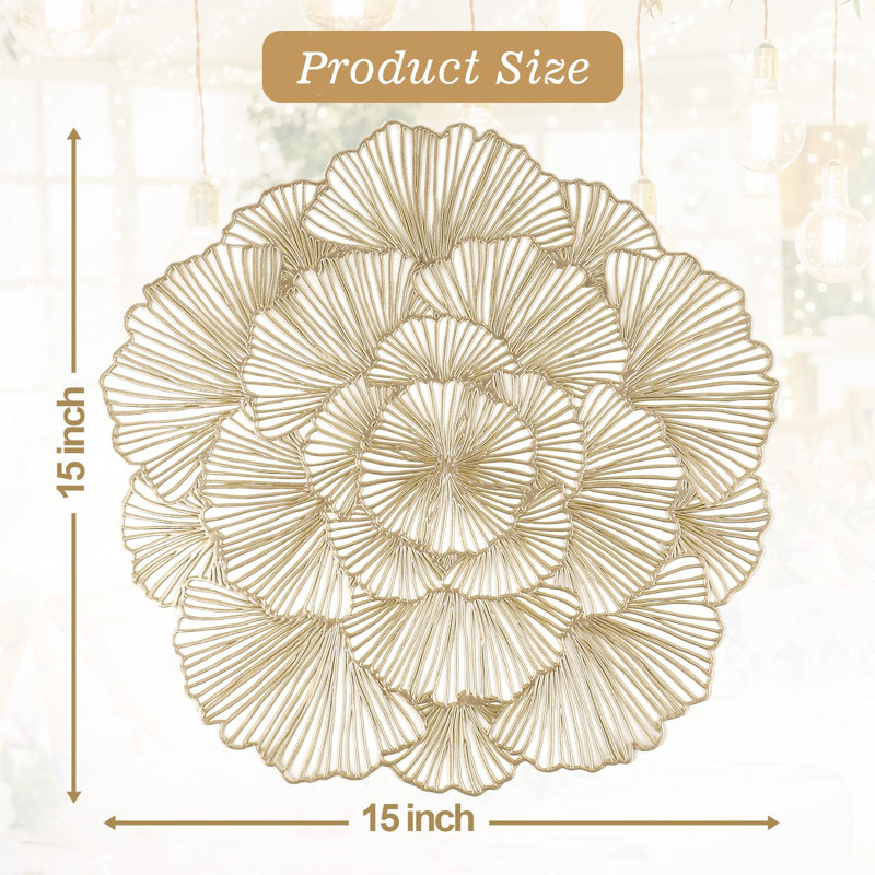 Ensemble de 6 napperons ronds en vinyle pressé avec fleurs métalliques et napperons résistants à la chaleur pour napperon doré