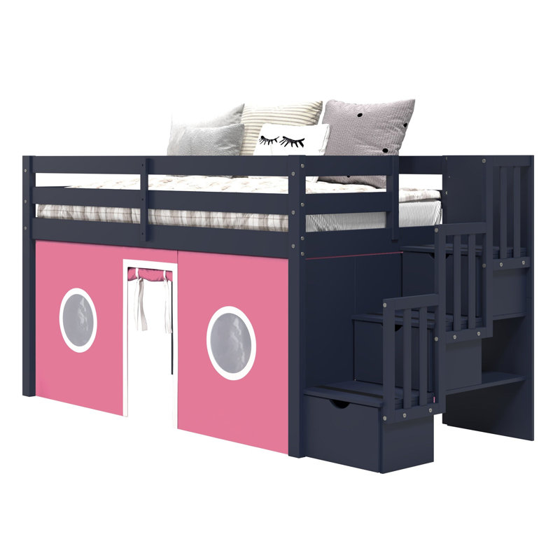 Johannes Solid Wood Twin Low Loft Bed with 3 Step-Stairway and Tent, Blue/Pink