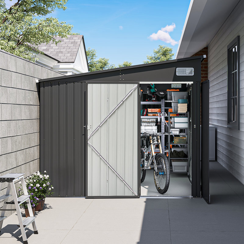 12. W X 8. D Metal Lean-to Storage Shed With Three Doors, 142.9" W X 87.6" D