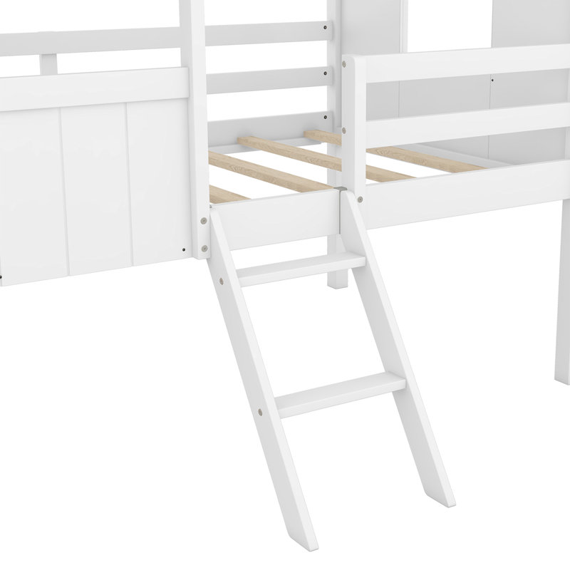 Low Loft Wood House Bed With Two Side Windows  (White+Brown)(OLD SKU: LP000037AAD), Brown