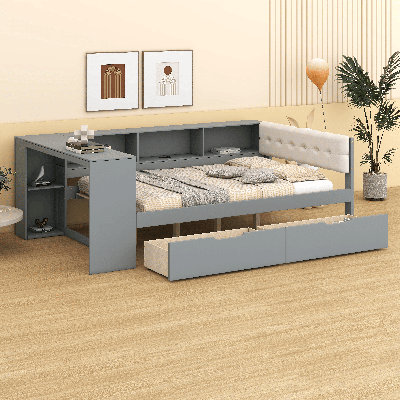 Lit plateforme double en bois avec tête de lit tapissier, tablettes, tiroirs et station de charge