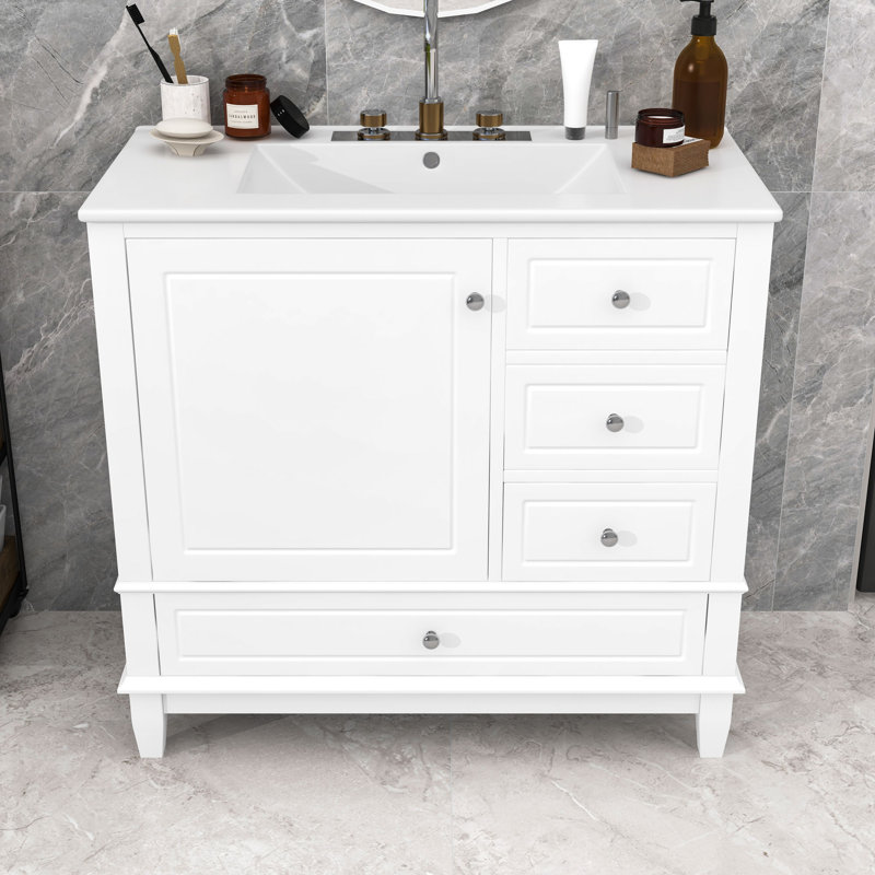 Meuble-lavabo autoportant avec lavabo en céramique, 3 tiroirs et trous de robinet pré-percés, Blanc