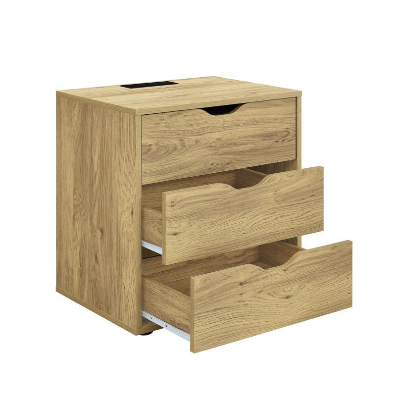Table de chevet 3 tiroirs avec station de charge, poignées découpées, table de chevet avec tiroirs de rangement pour la chambre à coucher