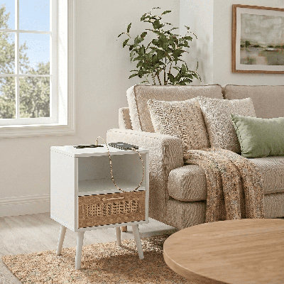 15 Inch Rattan End Table With USB Ports & Power Outlet