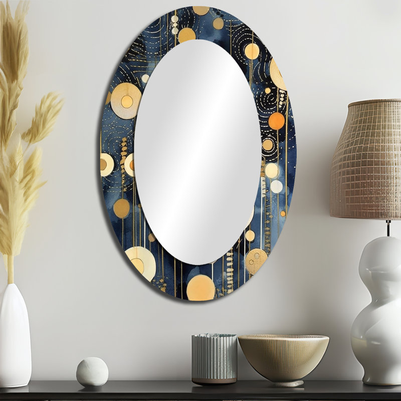 Pastel Abstract With Blue Black & Gold Spots XV - Modern Oval Wall Mirror, 36" x 24"