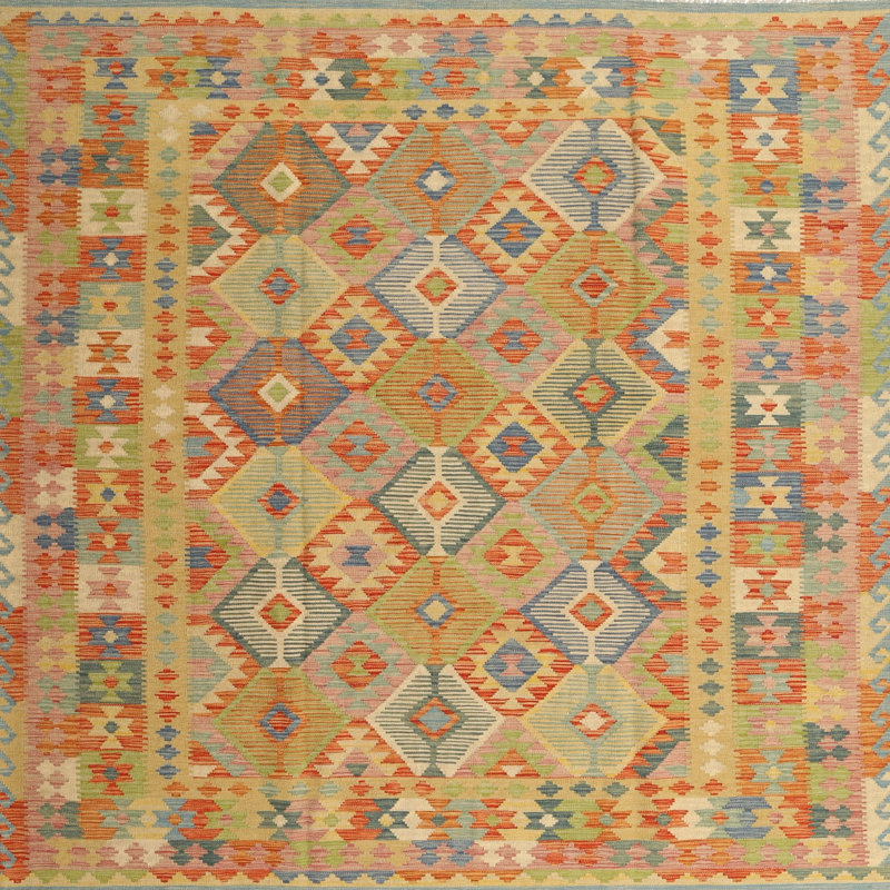 Tapis orange/jaune/vert contemporain, Carré 7 pi x 7 pi