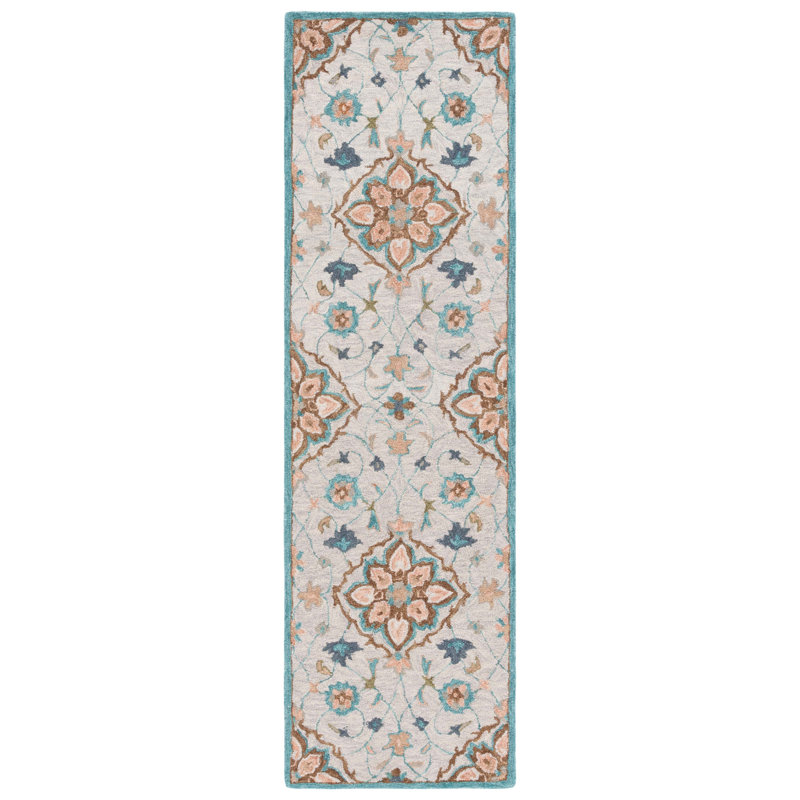 Kardell Blossom Hand Tufted Wool Cotton Floral Rug in Blue/Beige, Runner 2'3" x 8'