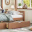 Lit simple superposé au dessus d'un lit double avec rangement, garde-corps courbés et tablettes latérales, structure en bois massif, aucun sommier nécessaire, naturel profond-134228585-134228587