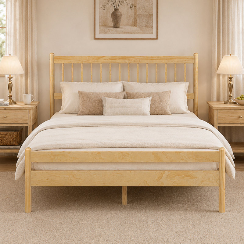 Grand lit de style traditionnel avec tête et pied de lit, Naturel