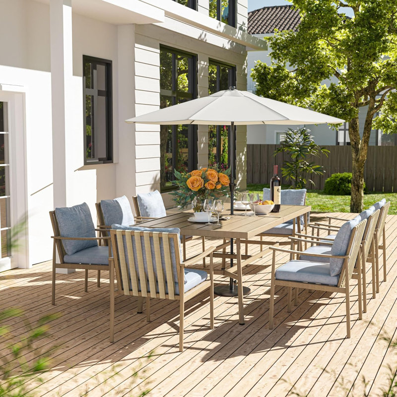 Ensemble repas 9 pièces pour 8 personnes, table de patio rectangulaire en aluminium avec trou pour parasol, Bleu, Brun, 8