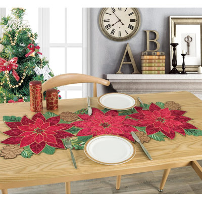 Holiday Christmas table flag, embroidered velvet cut red and red table flag