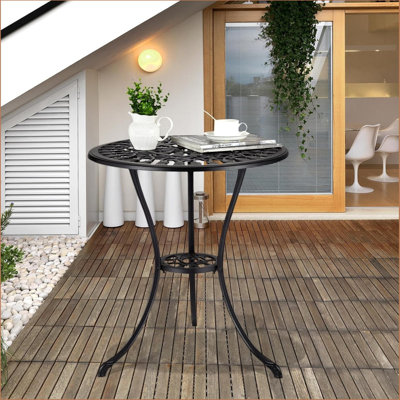 Patio Side Table, 23.6" Outdoor Round Cast Aluminum Bistro Table With Umbrella Hole, Antique Design Dining Desk For Backyard, Garden, Porch, Pool, Balcony, Black