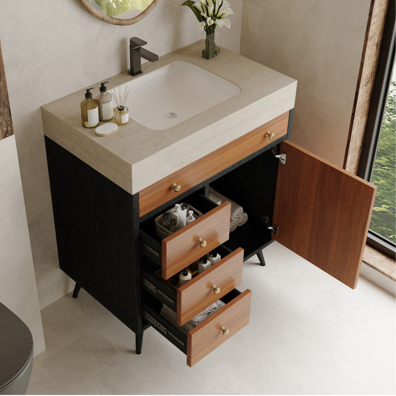 Meuble-lavabo moderne autoportant avec lavabo en céramique et plateau en pierre frittée, Gris