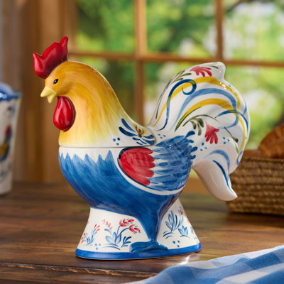 French Rooster 3‑D Ceramic Cookie Jar, hand‑sculpted farmhouse rooster container with vibrant provincial colors, ideal for cookies, treats, snacks, and classic French countertop décor