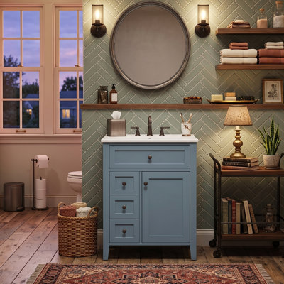 Meuble-lavabo moderne 24 po avec lavabo, 3 tiroirs et support de porte (noir / blanc / bleu / gris / vert)