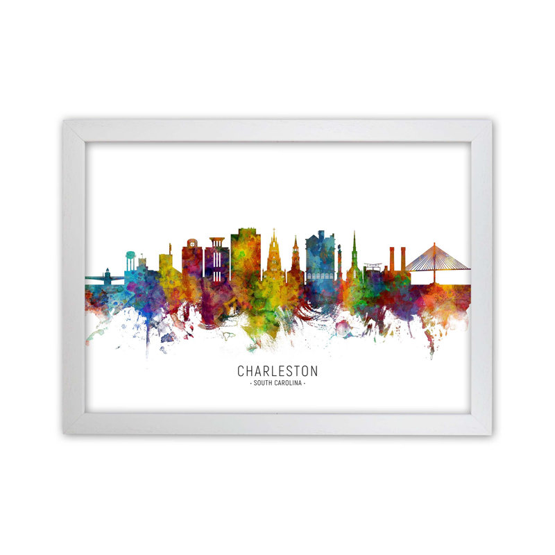 Charleston South Carolina Skyline by Michael Tompsett - Print, White Framed, 46cm H x 63cm W x 3cm D